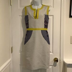 TIA CIBANI Blue/Yellow Polka Dot Patchwork Artsy Kitschy Eclectic Midi Dress 8